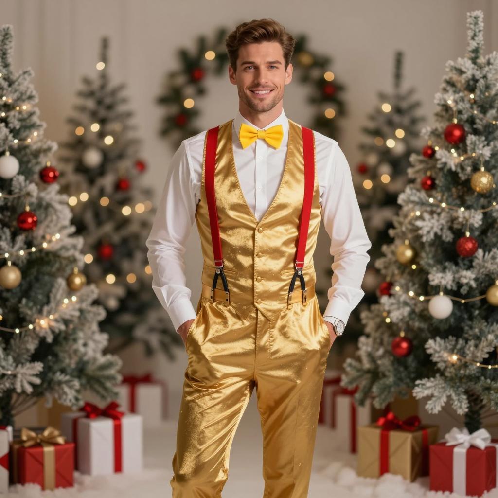 Smiling Man in Festive Gold Satin Suit with Red Suspenders Christmas Background