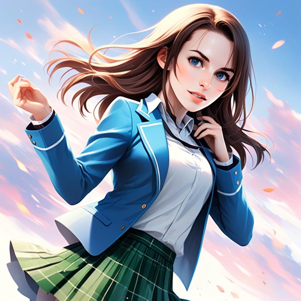 Anime Girl in Blue School Uniform with Flowing Hair and Autumn Petals