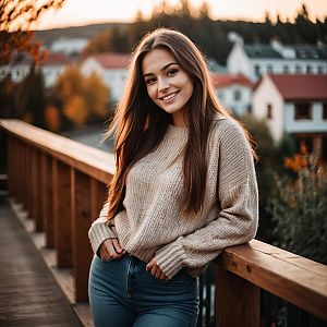 Young Woman Leaning on Wooden Bridge in Autumn Sweater