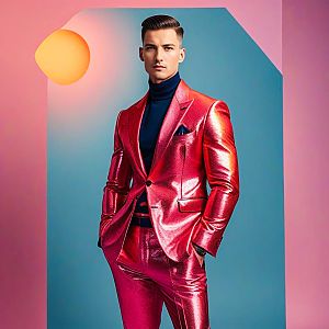 Confident Man in Red Suit with Geometric Background