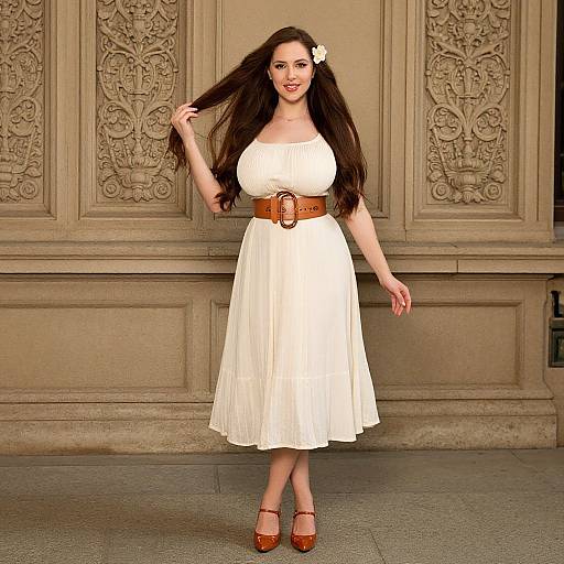 Elegant Woman in Cream Dress Posing by Ornate Stone Wall