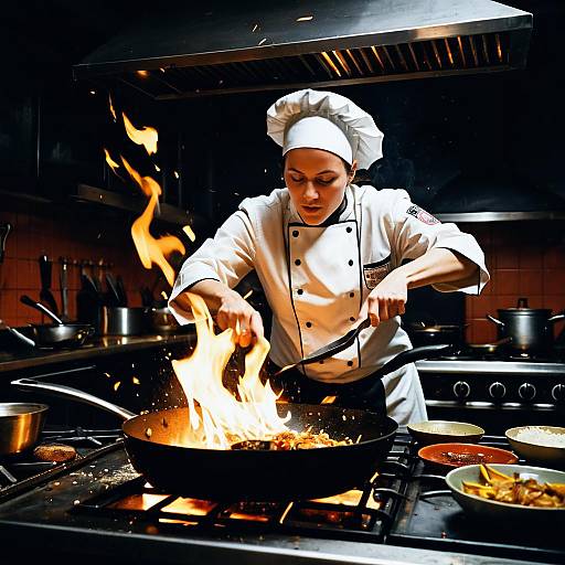 Professional Female Chef Cooking with Flames in Commercial Kitchen