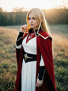 Realistic Cosplay of Trisha Elric Character by Woman in Outdoor Setting