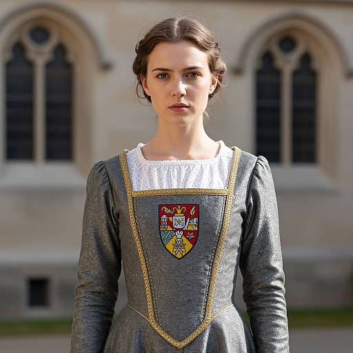 Medieval Style Woman in Gray Gown with Heraldic Crest