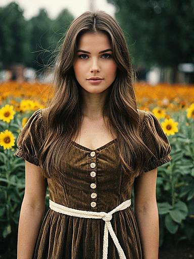 Young Woman in Tan Corduroy Dress Standing in Sunflower Field