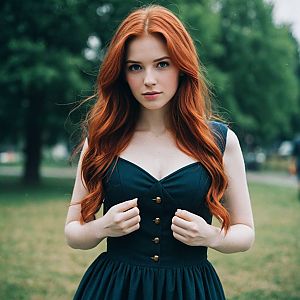 Young Woman in Dark Green Dress Outdoors