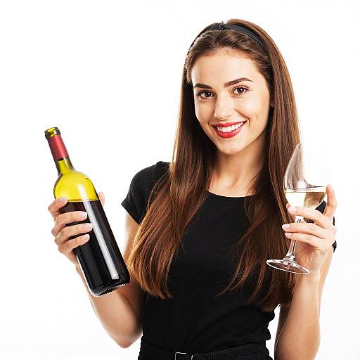 Young Woman Holding Red Wine Bottle and White Wine Glass