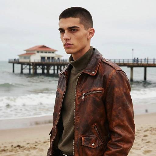 Young Man in Brown Leather Jacket by the Beach Pier