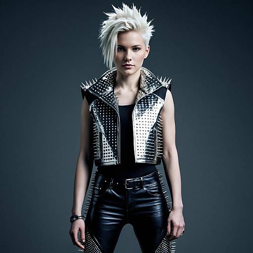 Edgy Punk Rock Woman in Silver Metallic Studded Vest and Black Leather Pants