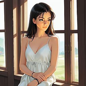 Young Woman in White Dress by Window