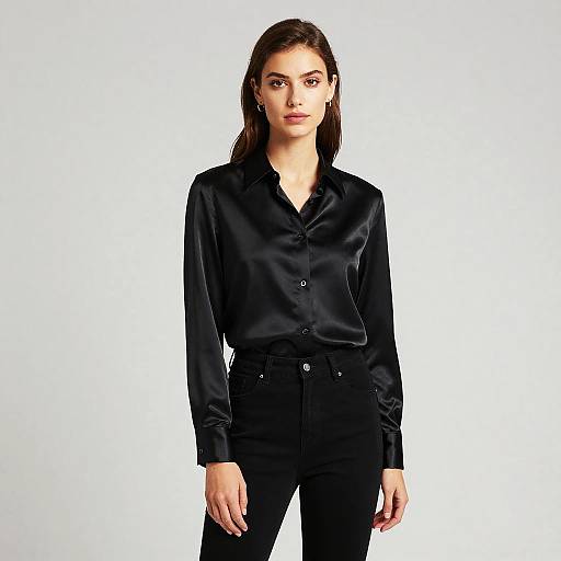 Elegant Woman Wearing Black Satin Shirt and Black Pants