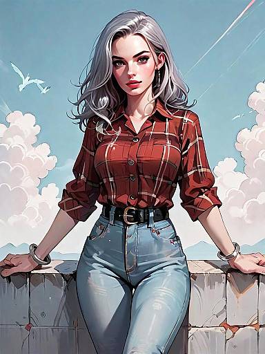 Realistic 1 Girl Illustration in Red Plaid Shirt and Jeans Outdoor Full Body Shot