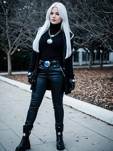 Stylish Woman in Black Leather Outfit with Moon Accessories Outdoors