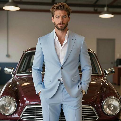 Stylish Man in Light Blue Suit Posing with Vintage Maroon Car