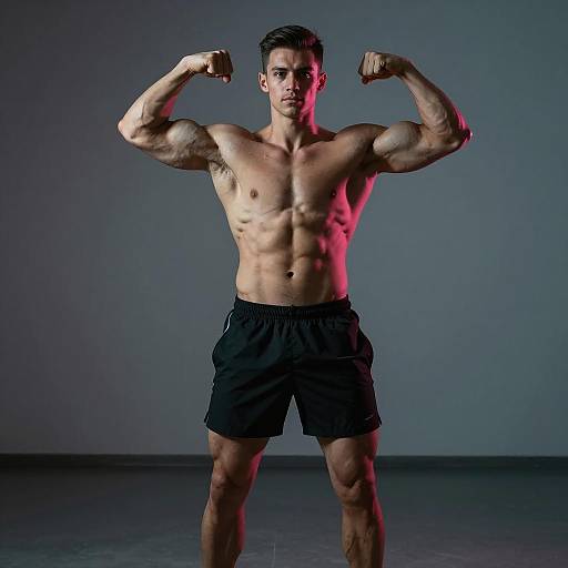 Muscular Young Man Flexing Biceps in Fitness Studio