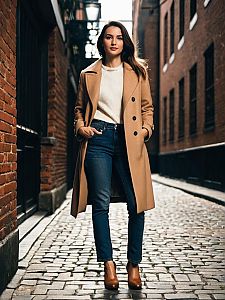 Woman Wearing Tan Overcoat and Jeans Standing in Brick Alleyway