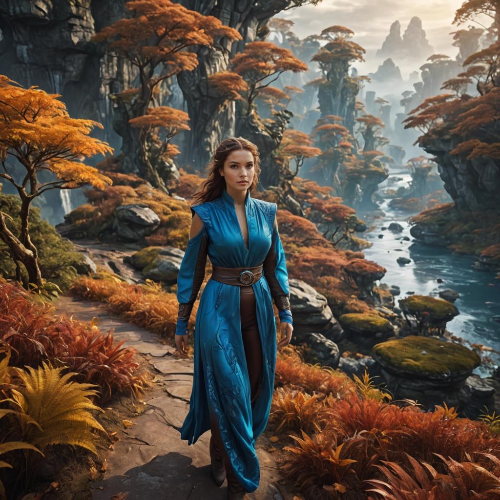 Woman in Blue Gown in a Fantastical Landscape