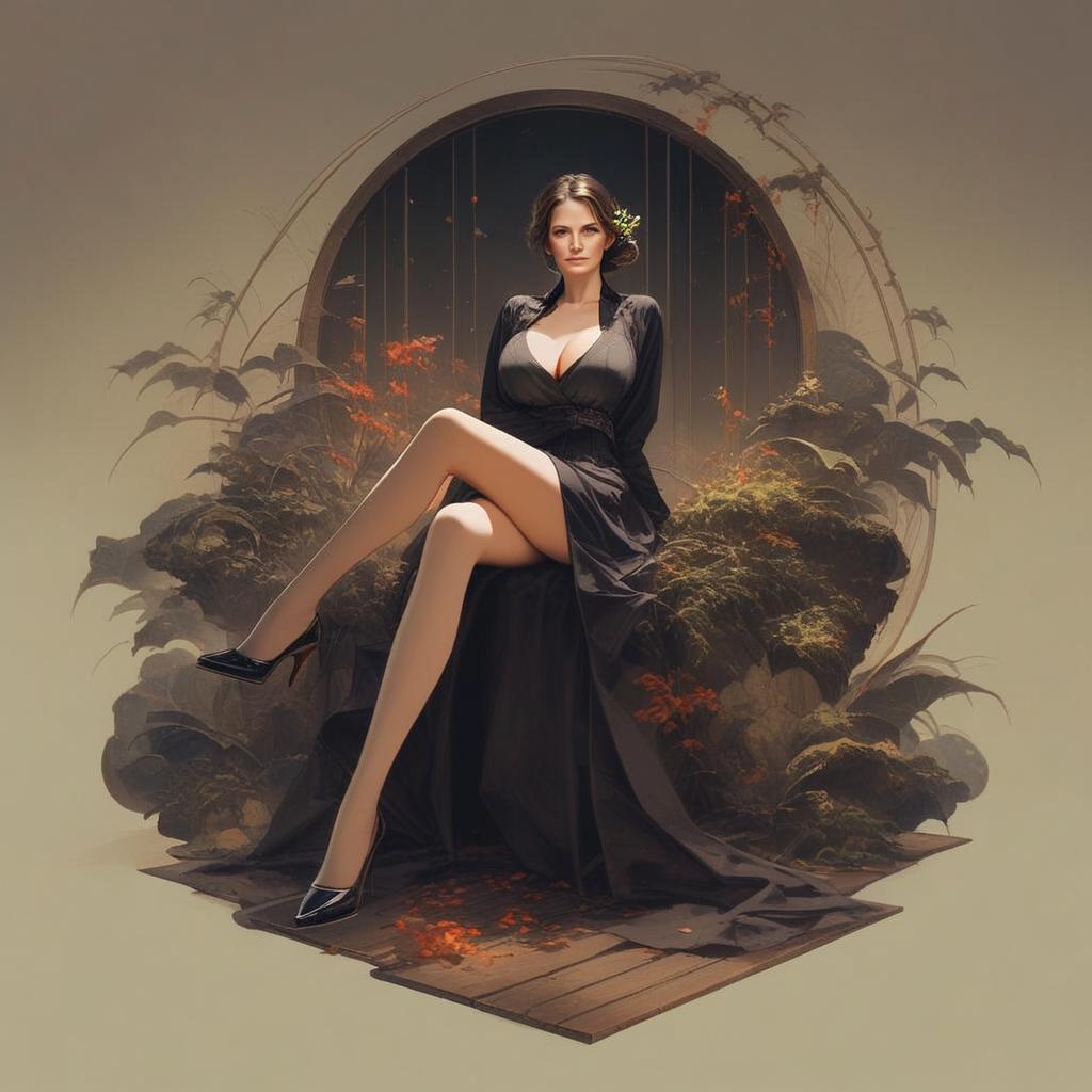 Elegant Woman in Black Dress Amidst Lush Foliage Elegant Woman in Black Dress Amidst Lush Foliage