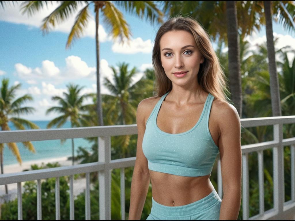 Confident Woman in Athletic Wear on Tropical Balcony