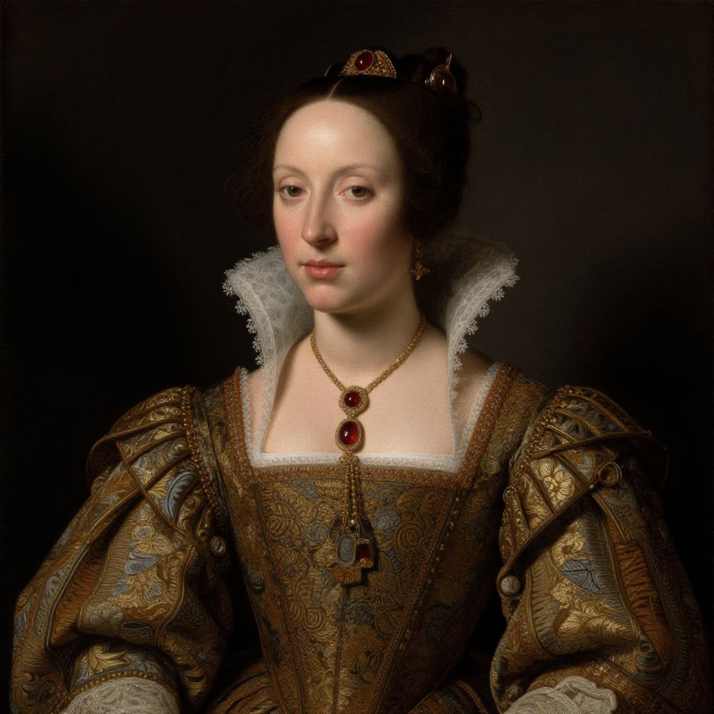 Portrait of Renaissance Woman in Ornate Gold and Blue Gown