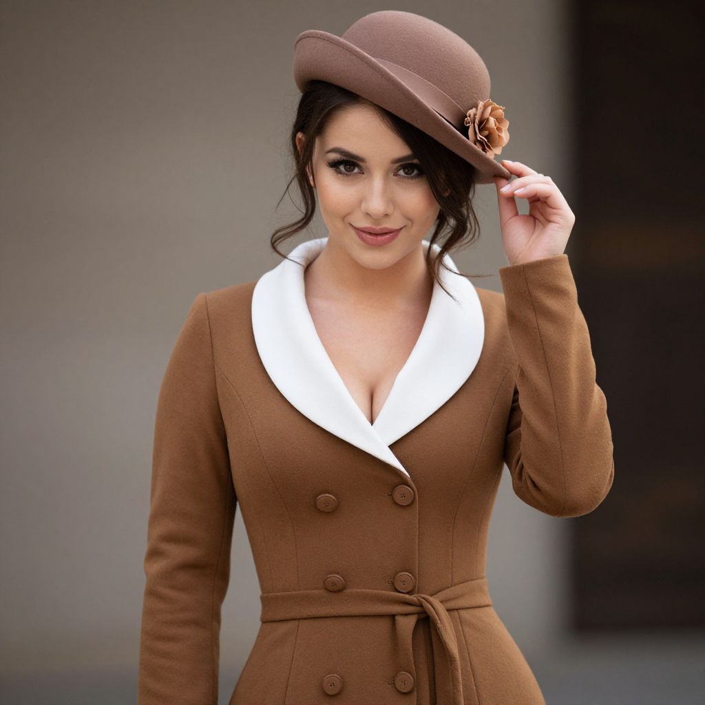 Elegant Woman in Brown Coat and Vintage Style Hat