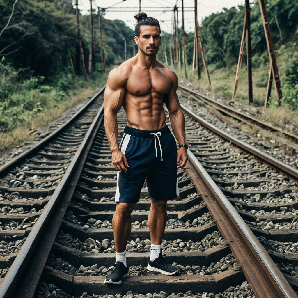 Muscular Man Shirtless on Railroad Tracks