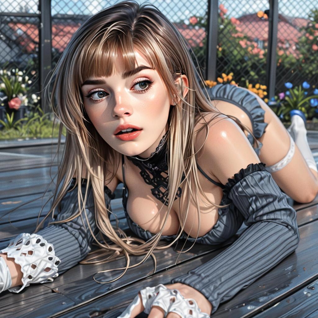 Illustrious Comics Style Digital Illustration of Blonde Woman in Gray Ruffled Outfit