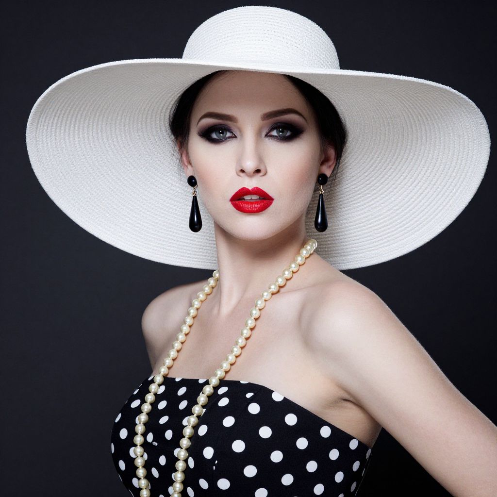 Elegant Woman in White Wide-Brim Hat and Polka Dot Dress with Pearl Necklace