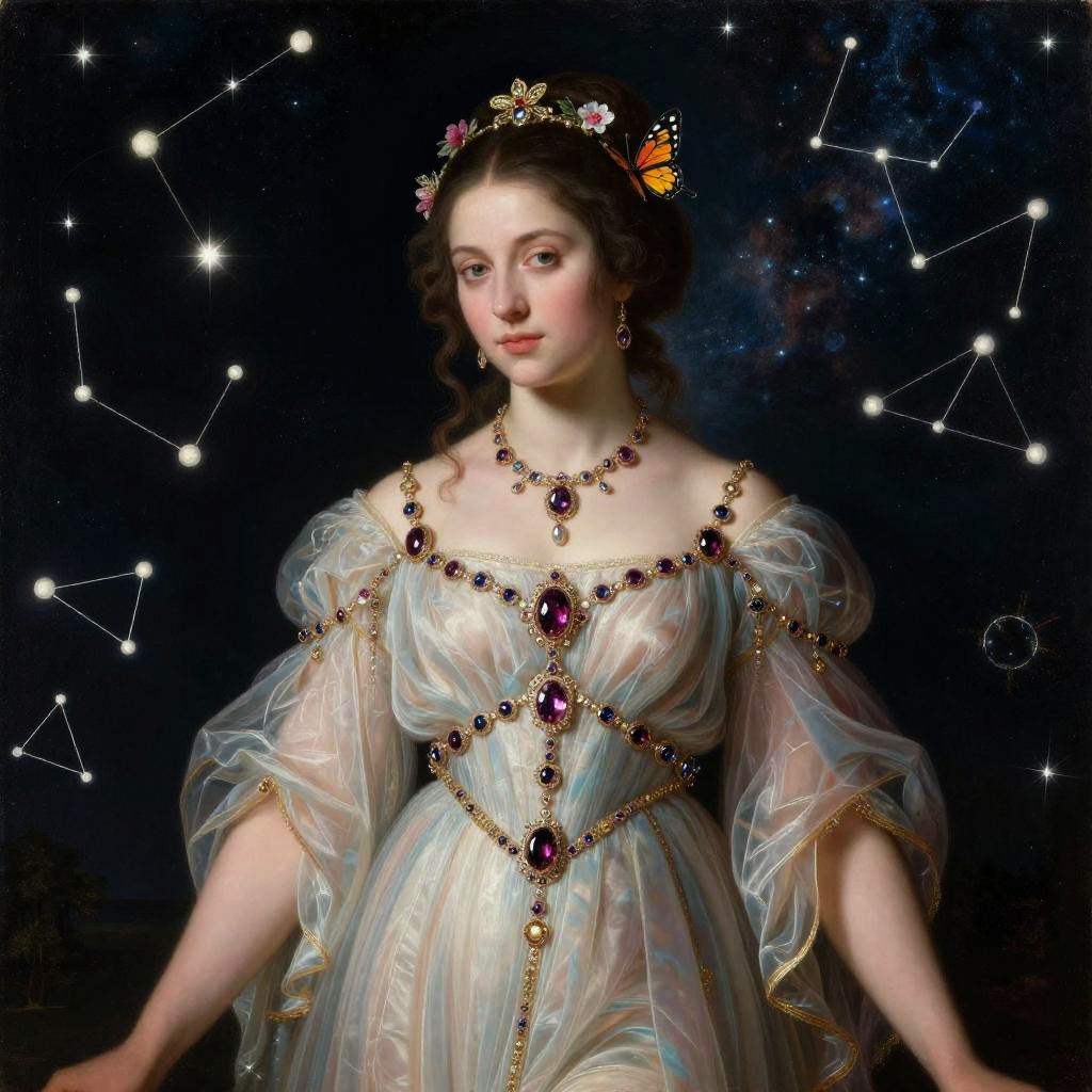 Elegant Woman in Vintage Gown with Amethyst Jewelry and Constellations
