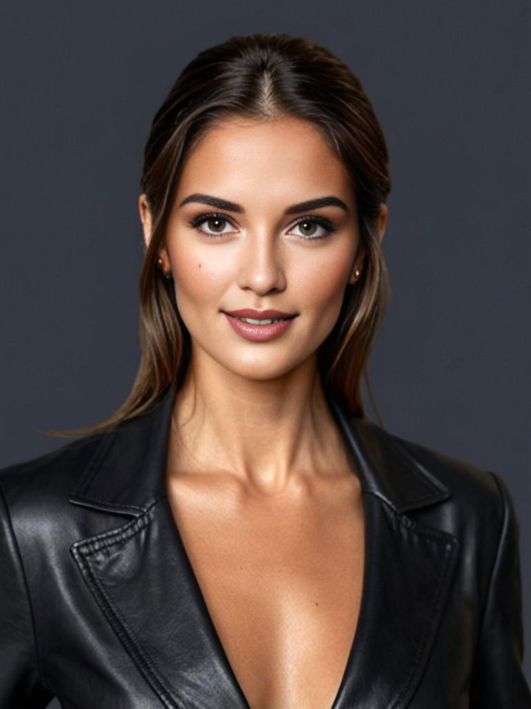 Confident Woman in Black Leather Jacket