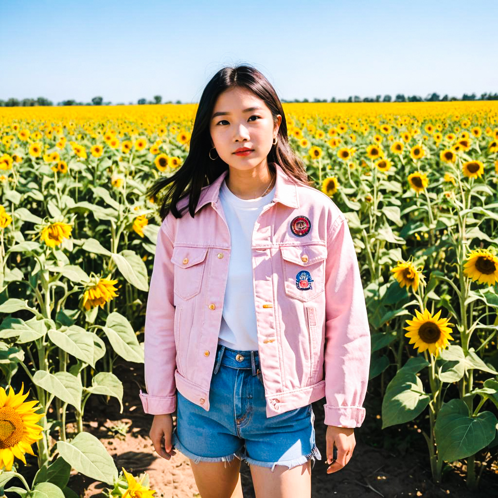 Young Woman in Sunflower Field