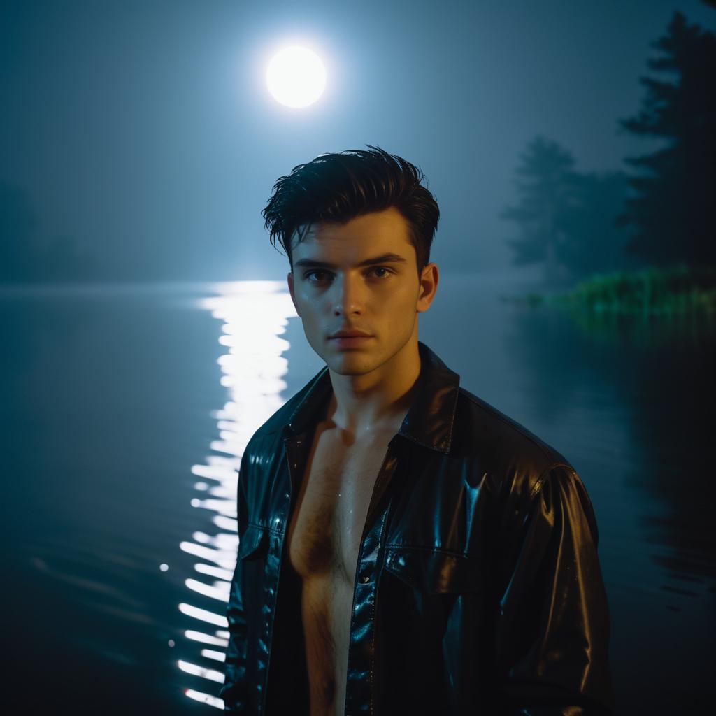 Mysterious Young Man by Serene Lake Under Full Moon