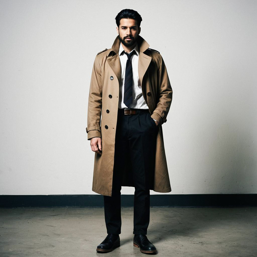 Confident Man in Brown Trench Coat and Formal Attire Confident Man in Brown Trench Coat and Formal Attire