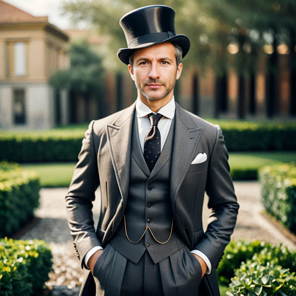 Stylish Man in Top Hat and Suit in Garden