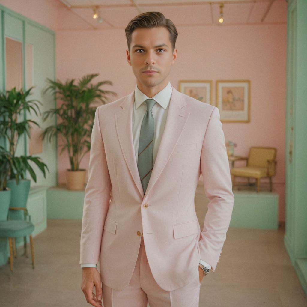 Man in Pink Suit in Wes Anderson Style Room