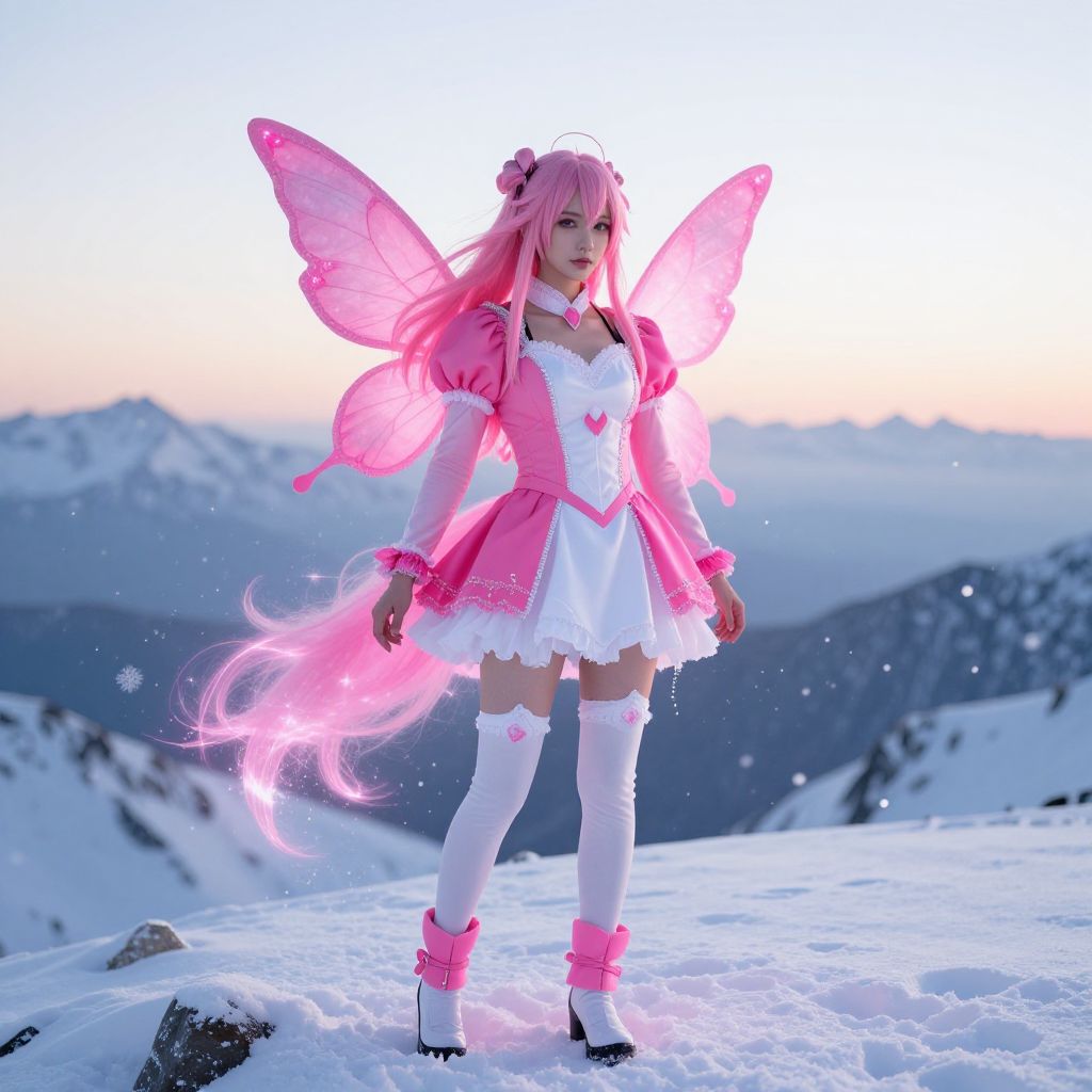 Pink Fairy Cosplay Woman on Snowy Mountain Sunset