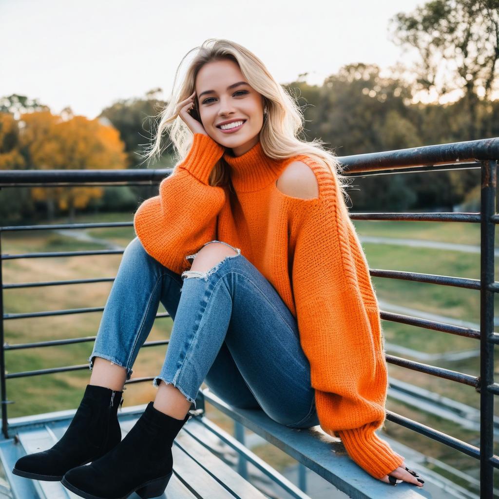 Smiling Woman in Orange Sweater Sitting Outdoors in Autumn