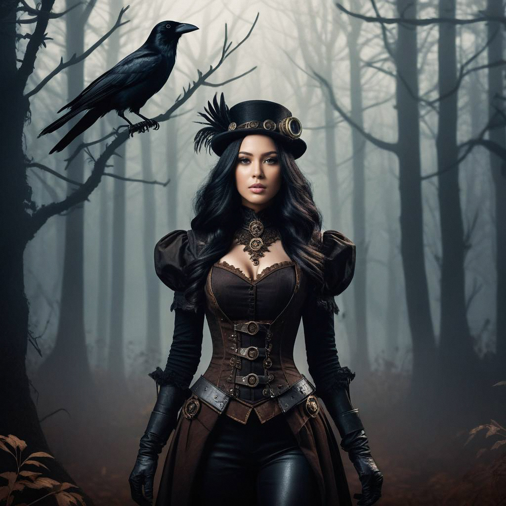 Woman in Steampunk Attire in Eerie Forest with Raven
