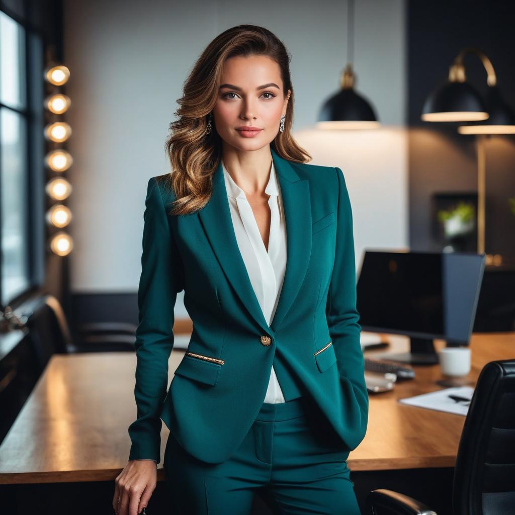 Confident Woman in Teal Business Suit in Modern Office