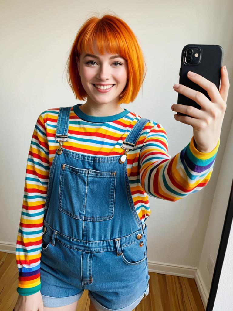 Smiling Woman in Colorful Striped Shirt and Denim Short Overalls Taking Selfie
