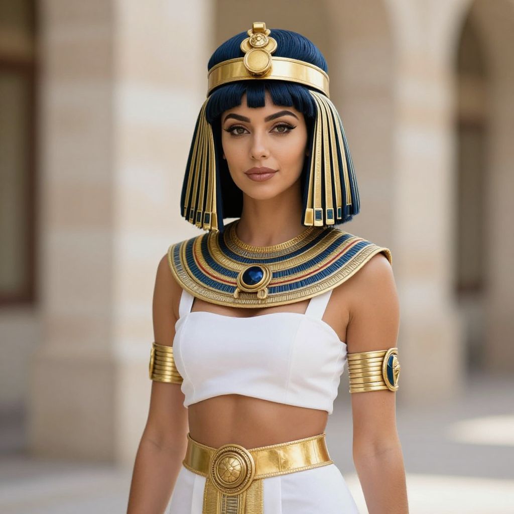 Woman in Modern Cleopatra Costume with Gold and Blue Egyptian Accessories