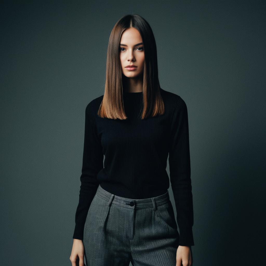 Modern Sophisticated Young Woman in Black Top and Pinstripe Trousers