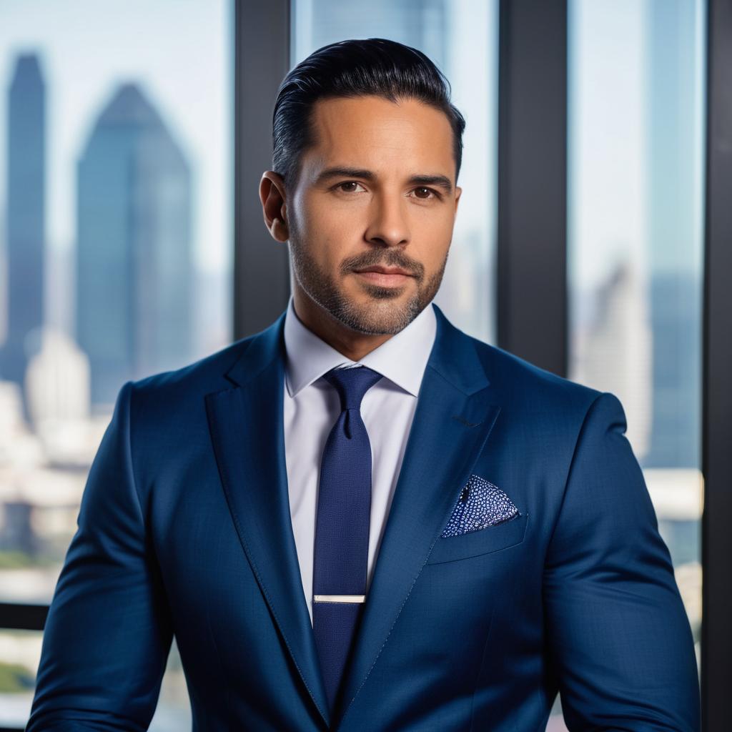 Confident Man in Navy Suit with City View