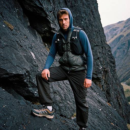 Man Hiking in Rocky Mountain Terrain Wearing Outdoor Gear