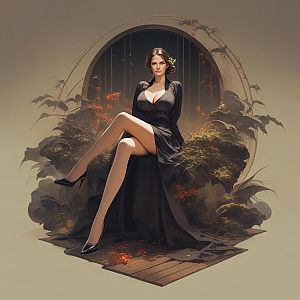 Elegant Woman in Black Dress Amidst Lush Foliage