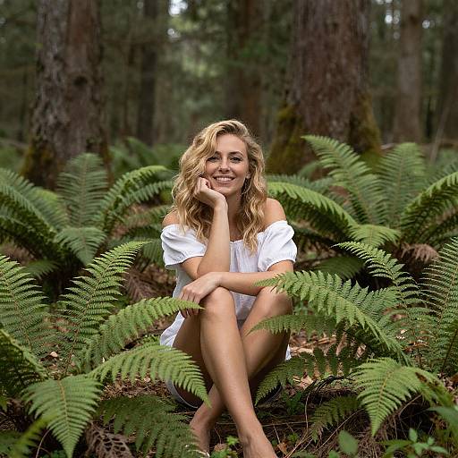Young Woman Relaxing Among Forest Ferns in Casual White Top