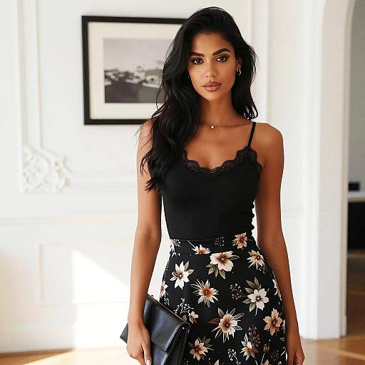 Elegant Woman in Black Lace Camisole and Floral Skirt Holding Clutch