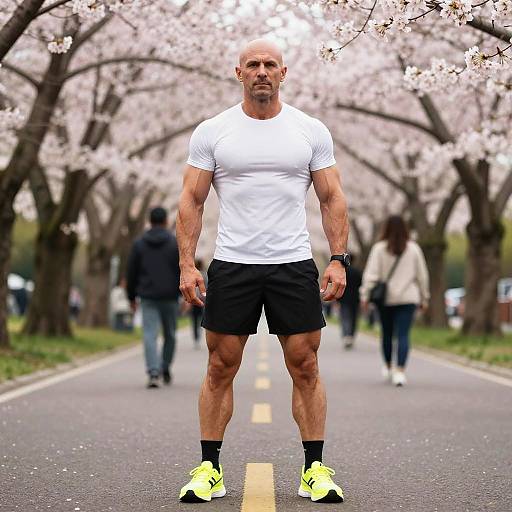 Muscular Man Standing on Cherry Blossom Path in Athletic Wear