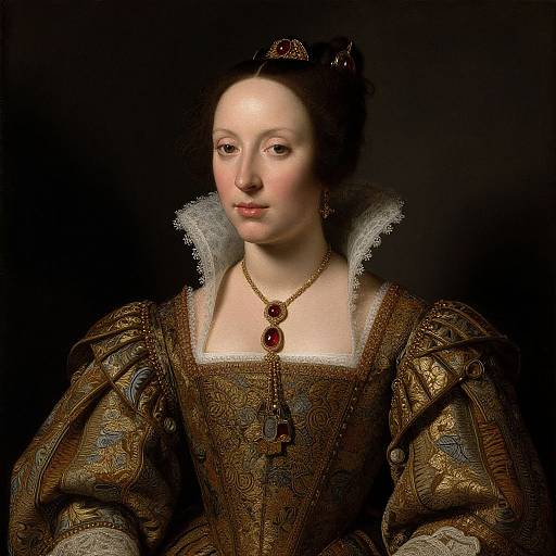Portrait of Renaissance Woman in Ornate Gold and Blue Gown
