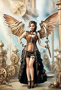 Confident Woman in Steampunk Outfit with Gears